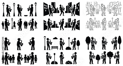 Street saxophone musician silhouettes performing in urban city scenes with pedestrians, park settings and lamps, artistic jazz performance, street music culture