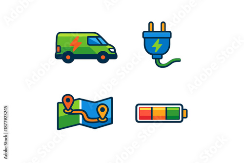 Electric Vehicle Icons: Van, Plug, Map, and Battery