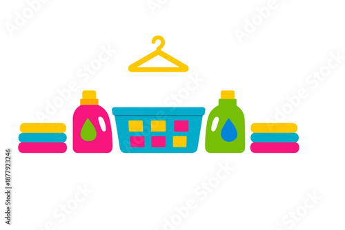 Laundry detergent, basket, and clothes with a hanger