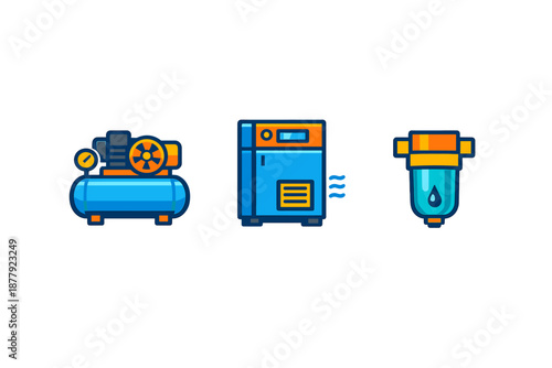 Set of industrial equipment icons: compressor, dryer, and filter