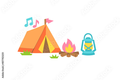 Cute cartoon camping scene with tent, campfire, and lantern