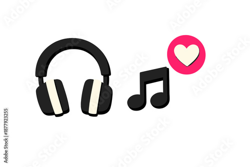 Headphones, music note and heart icon on dark background
