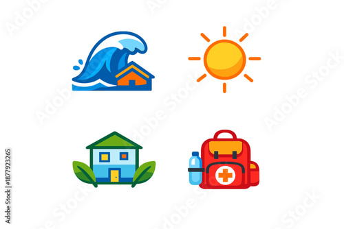 Four stylized icons: flood, sun, house, and backpack