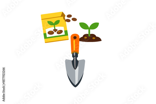 Gardening tools and seeds with seedling illustration