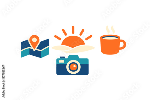 Travel icons: map, camera, sunrise, and coffee cup