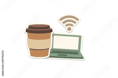 Coffee cup and laptop with wifi symbol