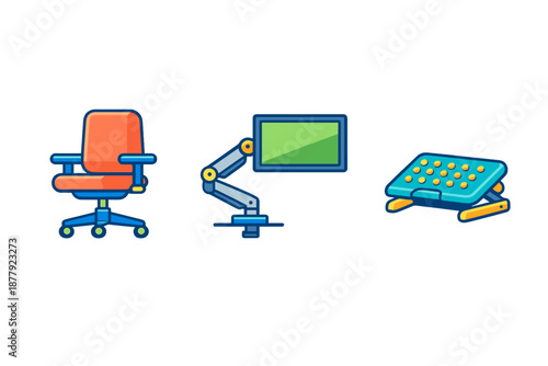 Office chair, monitor arm, and footrest icons