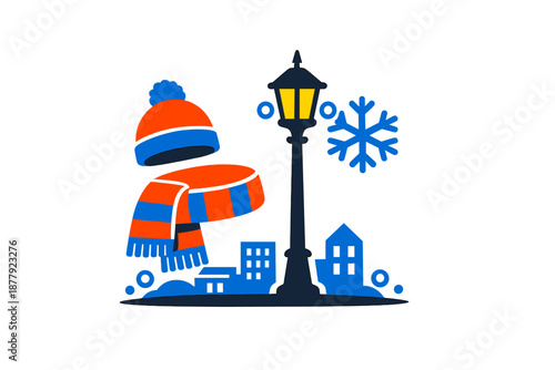 Winter scene with a glowing beanie, scarf, lamppost, and snowflake