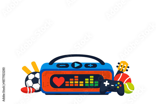 Retro boombox with sports and gaming items, equalizer and heart