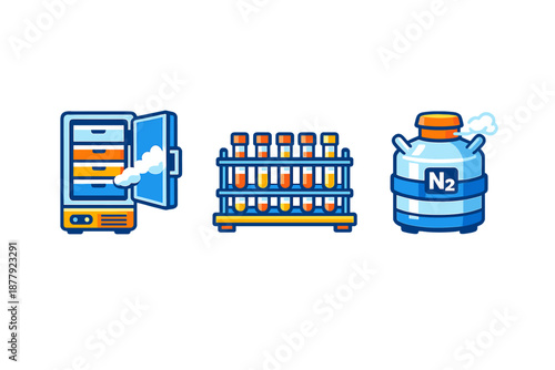 Laboratory Equipment: Freezer, Test Tubes, and Nitrogen Tank Icons