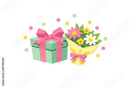 Gift box with a bouquet of flowers and bokeh lights