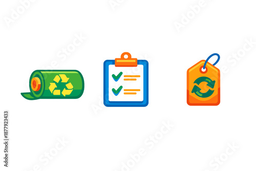 Recycling icons: roll, checklist, and tag