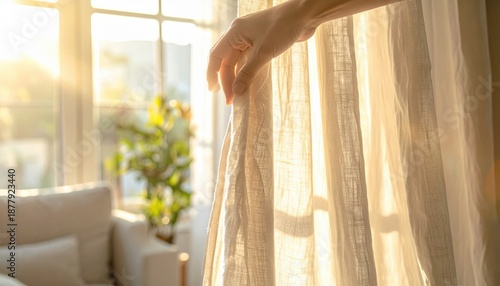 Hand Gently Pulling Back Sheer Curtains Revealing Warm Golden Morning Sunlight Streaming Into A Cozy Living Room With A Green Potted Plant