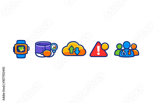 Medical and health icons: smartwatch, blood pressure monitor, cloud
