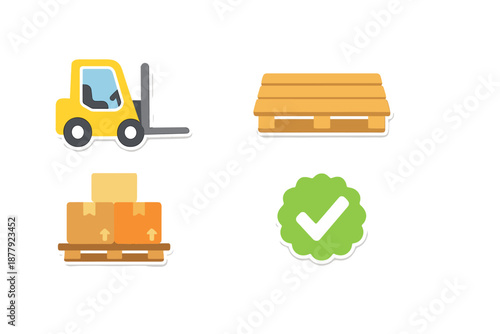Forklift, pallet with boxes, empty pallet, and checkmark icons