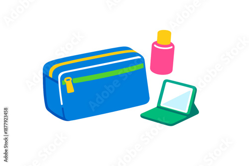 Cosmetic bag, hand sanitizer and tablet in a modern flat lay