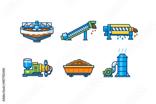 Industrial equipment icons on a dark background