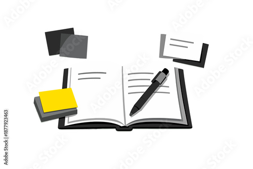 Open notebook with pen and sticky notes, symbolizing planning