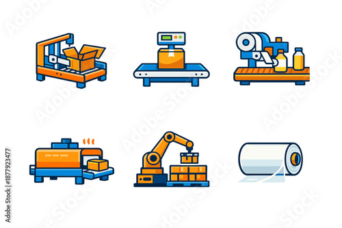 Industrial automation icons: packaging, weighing, sealing, and