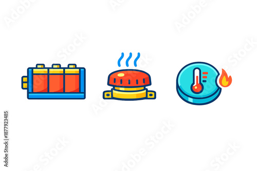Industry icons: battery, button, and thermometer with flame