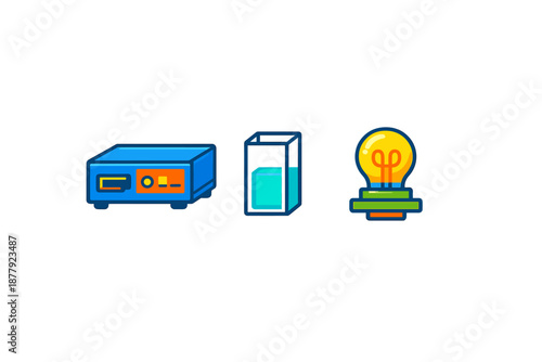 Three science icons: power supply, beaker, and light bulb