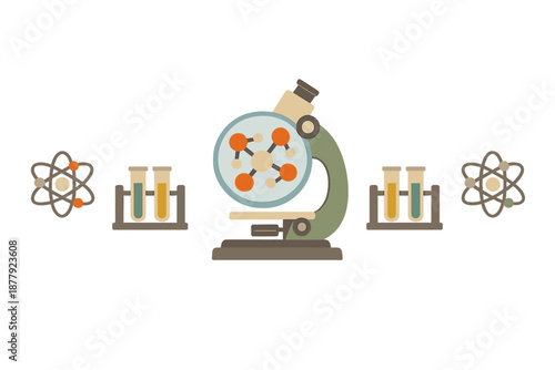 Science icons: microscope, atoms, and test tubes on gray background