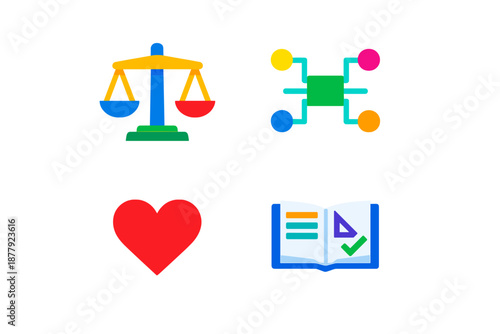 Four glowing icons: scales, network, heart, and book