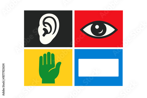 Four colored squares with icons representing senses