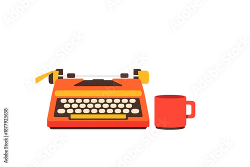 Vintage typewriter and glowing mug on a dark background