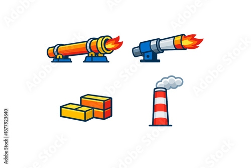 Stylized cannons, bricks and smokestack on a gradient background