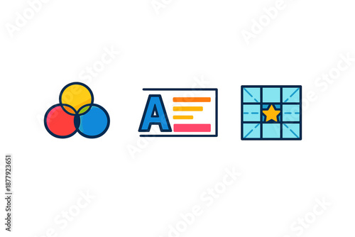 Graphic icons: color mixing, typography, and grid with star