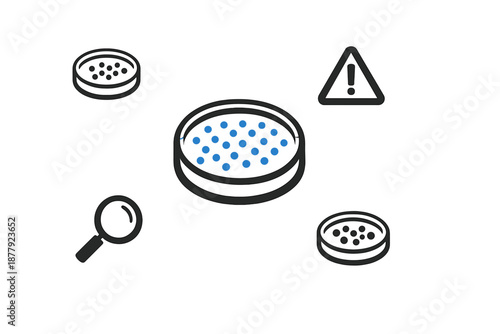 Science and Research Icons: Petri Dishes, Magnifying Glass, Warning