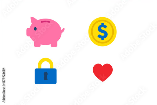 Piggy bank, coin, lock, and heart icons with neon glow