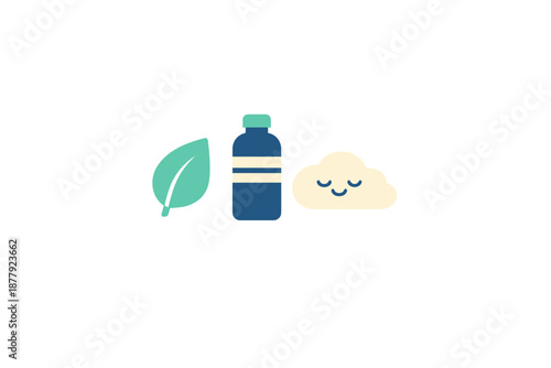 Eco-friendly water bottle with leaf and happy cloud illustration
