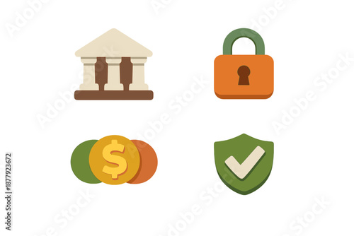Finance and Security Icons: Bank, Lock, Coins, Shield