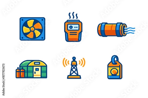 Industry icons: fan, sensor, pipe, building, tower, lantern