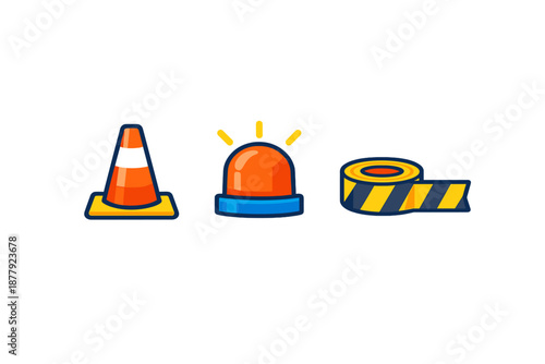 Construction safety icons: cone, siren, and caution tape