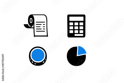 Financial icons: receipt, calculator, coin, pie chart