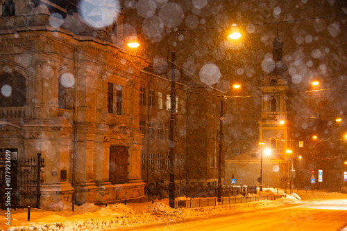 Vászonkép Rusalka Dnistrova Museum and Organ Hall in Snowy Night Lviv