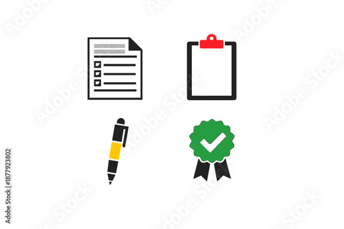 Checklist, clipboard, pen, and award icons with glowing effects