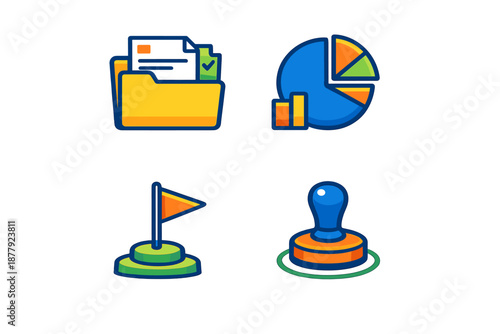 Set of four icons: folder, pie chart, flag, and stamp