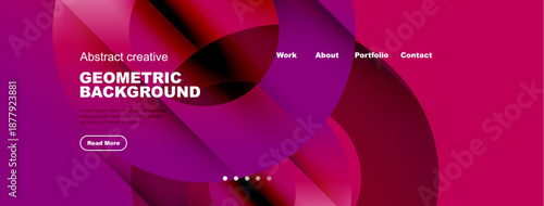 Abstract geometric background design. Vibrant purple, pink hues create modern aesthetic. Text elements present, navigation visible.