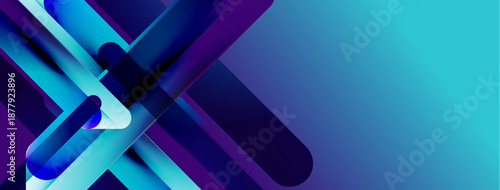 Abstract geometric shapes overlap, creating dynamic blue purple gradients. Modern design suggests technology, innovation, future concepts.