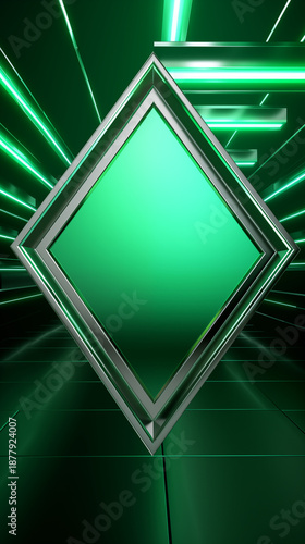 Futuristic Neon Green Rhombus Frame Abstract Background. Digital technology geometric tunnel with glowing light lines and metallic silver border.