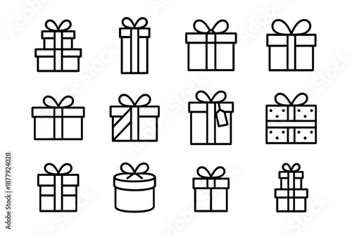 Gift Stack Icons. Gift stack collection. Line outline icon set of gift stack collection: layered boxes, tall