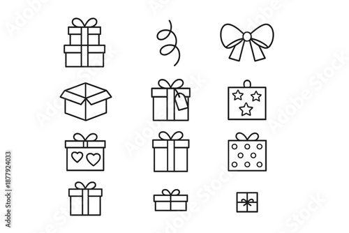 Gift Icon Collection. Present pile. Line outline icon set of present pile: big box base, medium box center,