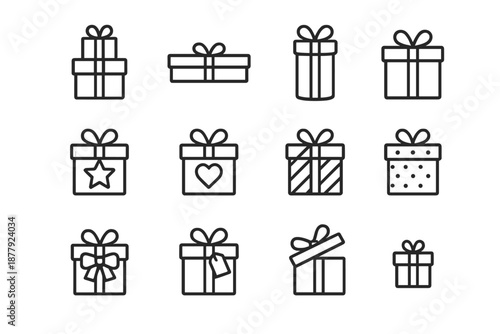 Festive Gift Icons. Festive gift stacks. Line outline icon set of festive gift stacks: multi-level stack, long