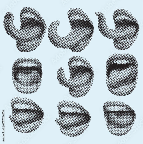 A collection of nine mouths with tongues out, showcasing various tongue positions, isolated on a light background, viewed from the front.