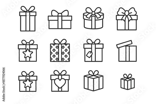 Deluxe Gift Icons. Deluxe gift stacks. Line outline icon set of deluxe gift stacks: tall elegant box, wide