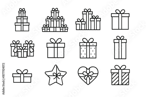Stacked Gift Icon Grid. Stacked gift display. Line outline icon set of stacked gift display: vertical stack,